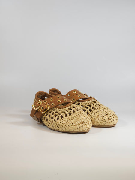 KAMMI - SCARPA BALLERINA DONNA IN RAFFIA E PELLE BEIGE E CUOIO CON CINTURINI 100251380