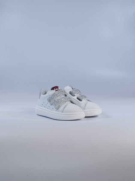 NERO GIARDINI - SCARPA SNEAKERS BAMBINA IN PELLE BIANCA CON STRAPPI IN GLITTER ARGENTATI E222144 E227144 E232231