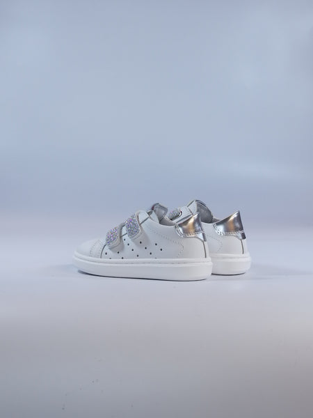 NERO GIARDINI - SCARPA SNEAKERS BAMBINA IN PELLE BIANCA CON STRAPPI IN GLITTER ARGENTATI E222144 E227144 E232231