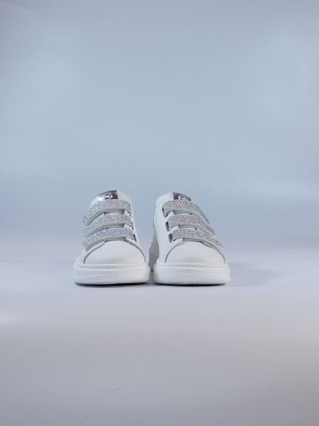 NERO GIARDINI - SCARPA SNEAKERS BAMBINA IN PELLE BIANCA CON STRAPPI IN GLITTER ARGENTATI E222144 E227144 E232231