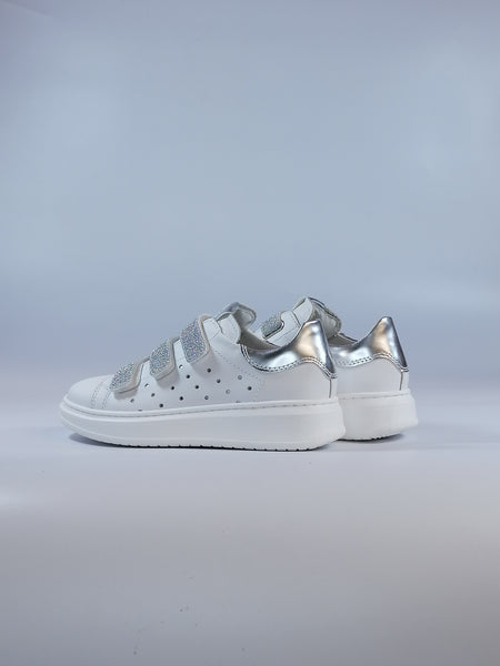 NERO GIARDINI - SCARPA SNEAKERS BAMBINA IN PELLE BIANCA CON STRAPPI IN GLITTER ARGENTATI E222144 E227144 E232231